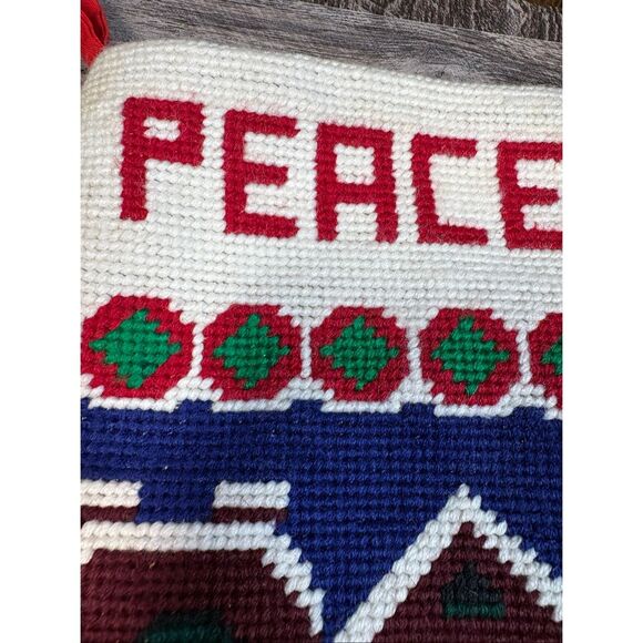 Needlepoint Christmas Stocking • “PEACE” • Carolers Scene • Large 20” • Red Back - Picture 3 of 5
